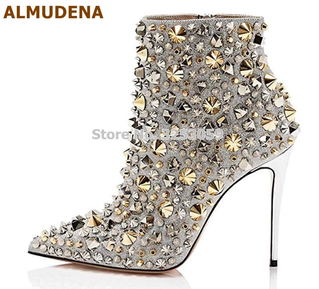 Rhinestone High Heel Ankle Boots in Gold and Silver