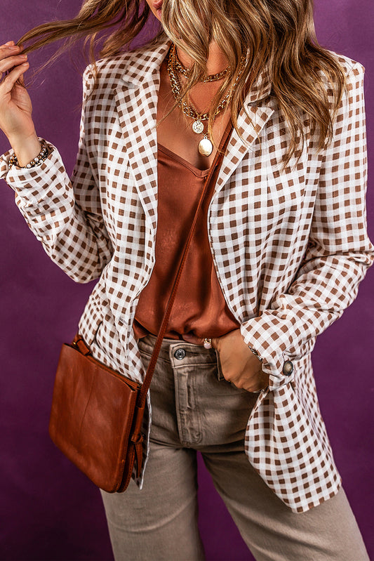 Brown & White Chestnut Single Button Blazer with Lapel Collar