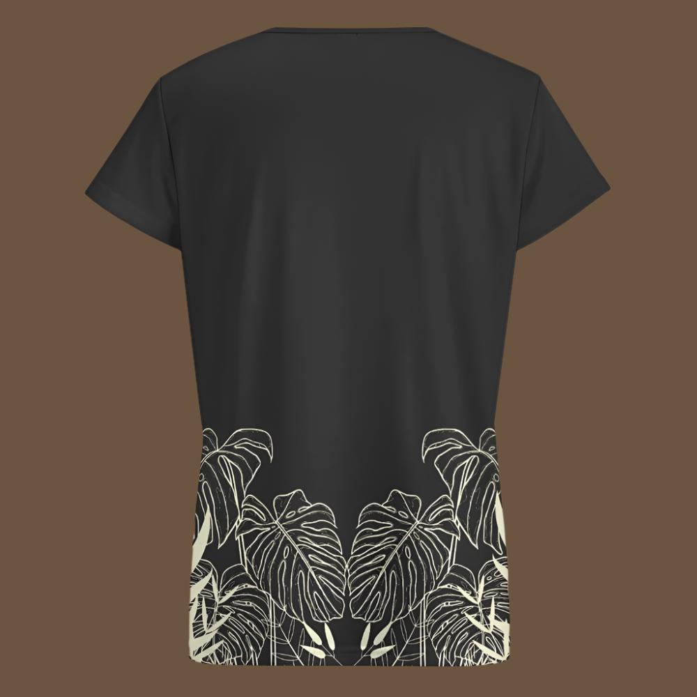 The Back of the top.  The leaf design goes around the front and the back of the top.  The Stay effortlessly stylish and comfortable with our Black Designer Original Graphic Print V-Neck T-shirt! The tropical leaf print wrapping around just above the hemline adds a unique touch. Pair it with the matching slacks for a complete, chic look. Upgrade your wardrobe with this must-have piece.