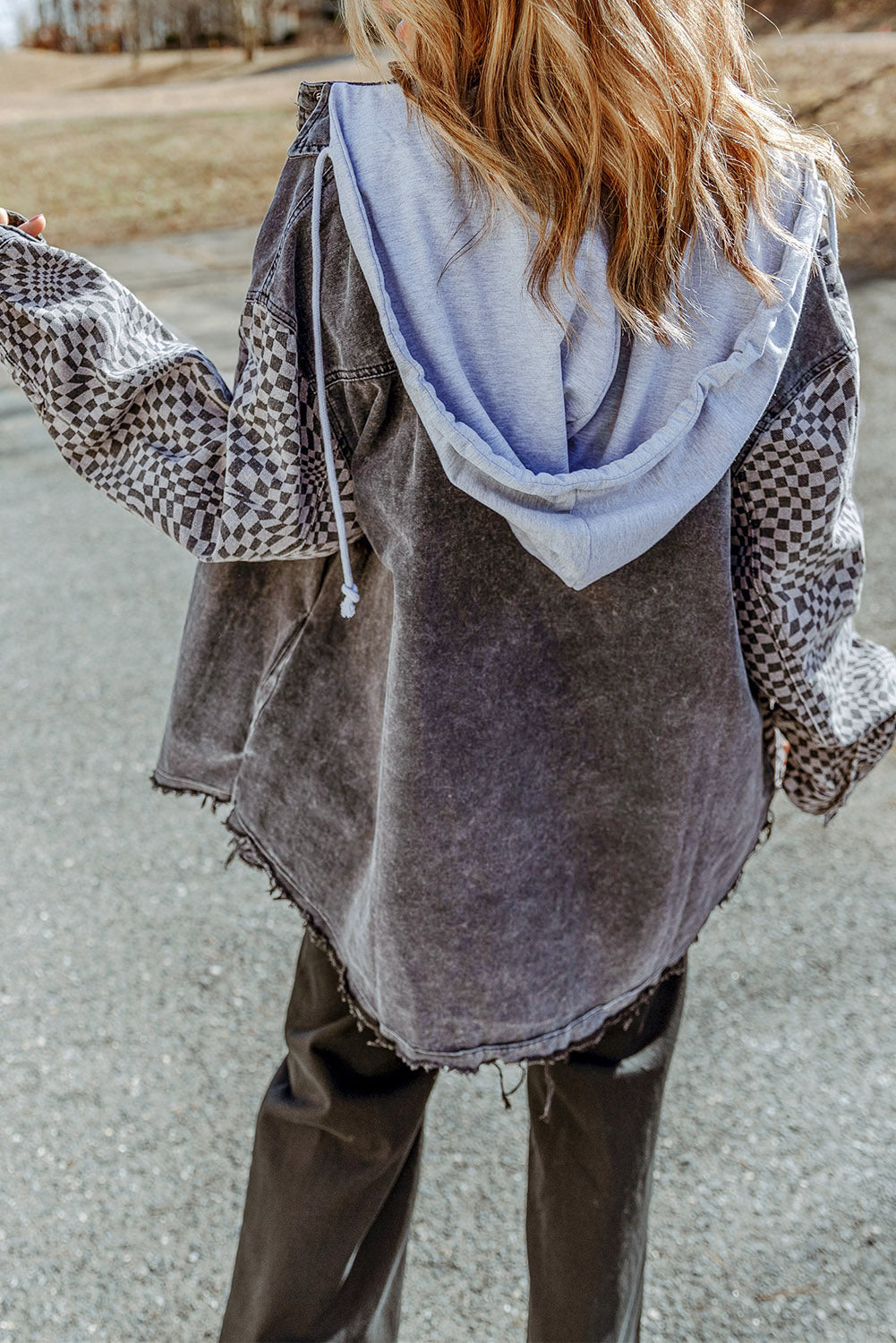 Transform your denim game with our Gray Checked Patchwork Frayed Hem Hooded Denim Shacket! The high waist design adds a touch of sexiness while the paper bag waist brings a feminine and chic look. The mineral wash gives it a fashionable edge, and the fold edge takes it to a whole new level.