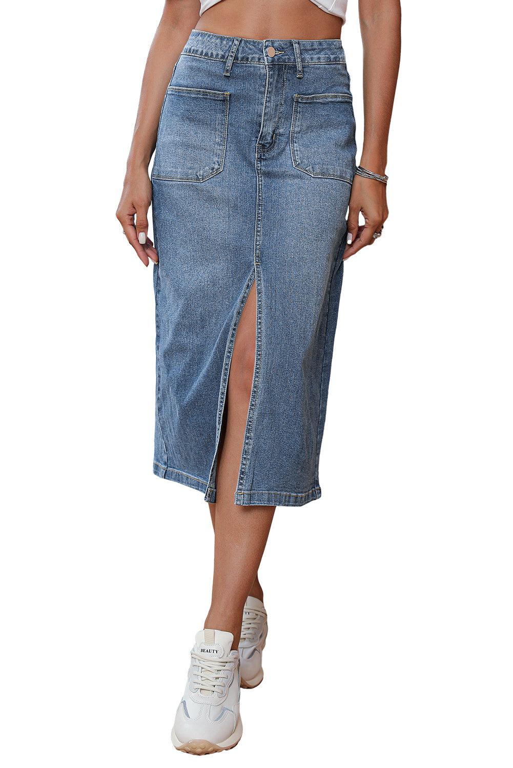 Classic Sky Blue Midi Denim Skirt with Front Slit and Pockets