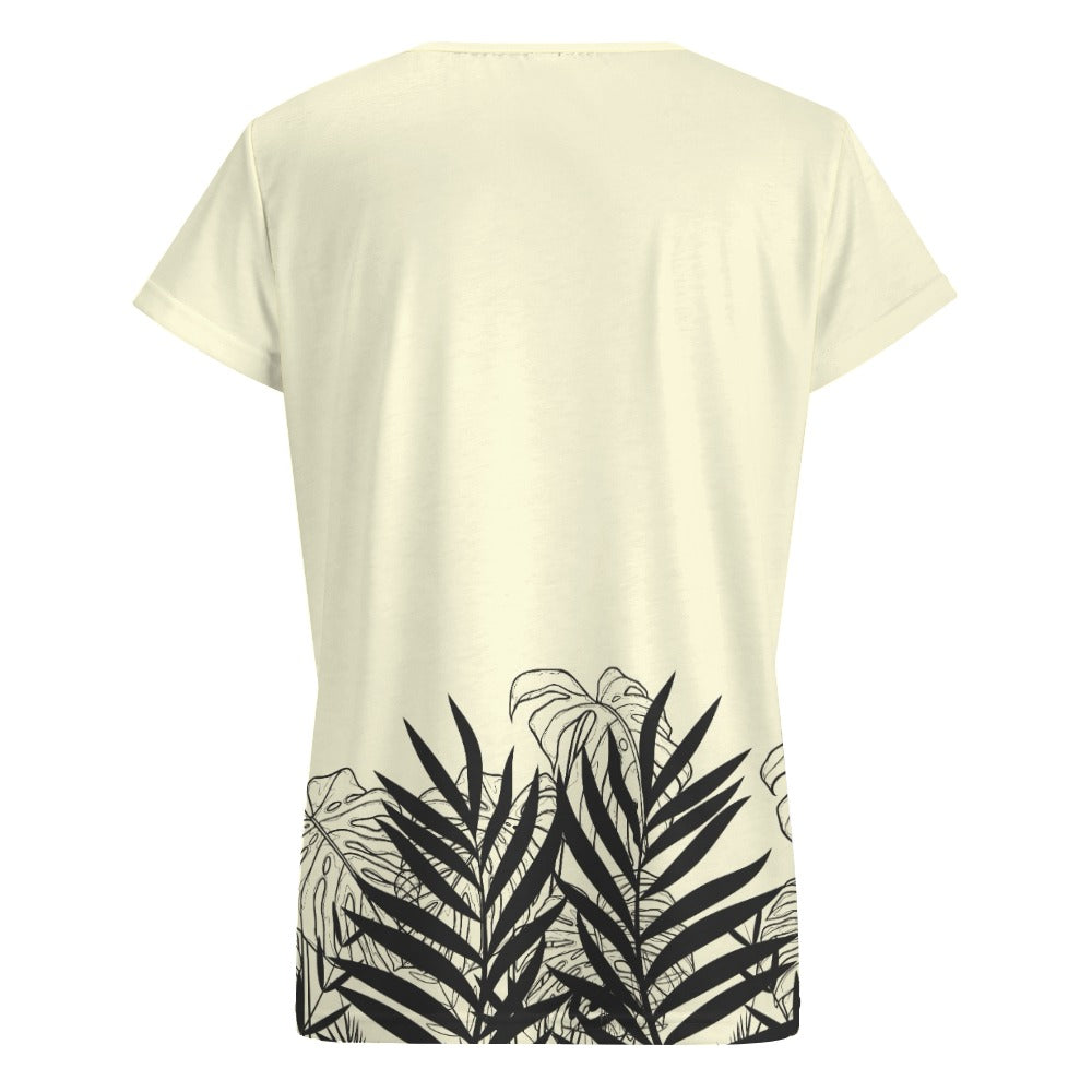 Elevate your style with our beige designer graphic V-neck short sleeve t-shirt and matching slacks. The black silhouette tropical leaf print adds a touch of tropical elegance to your look. Step into the world of effortless sophistication with this versatile and stylish outfit.