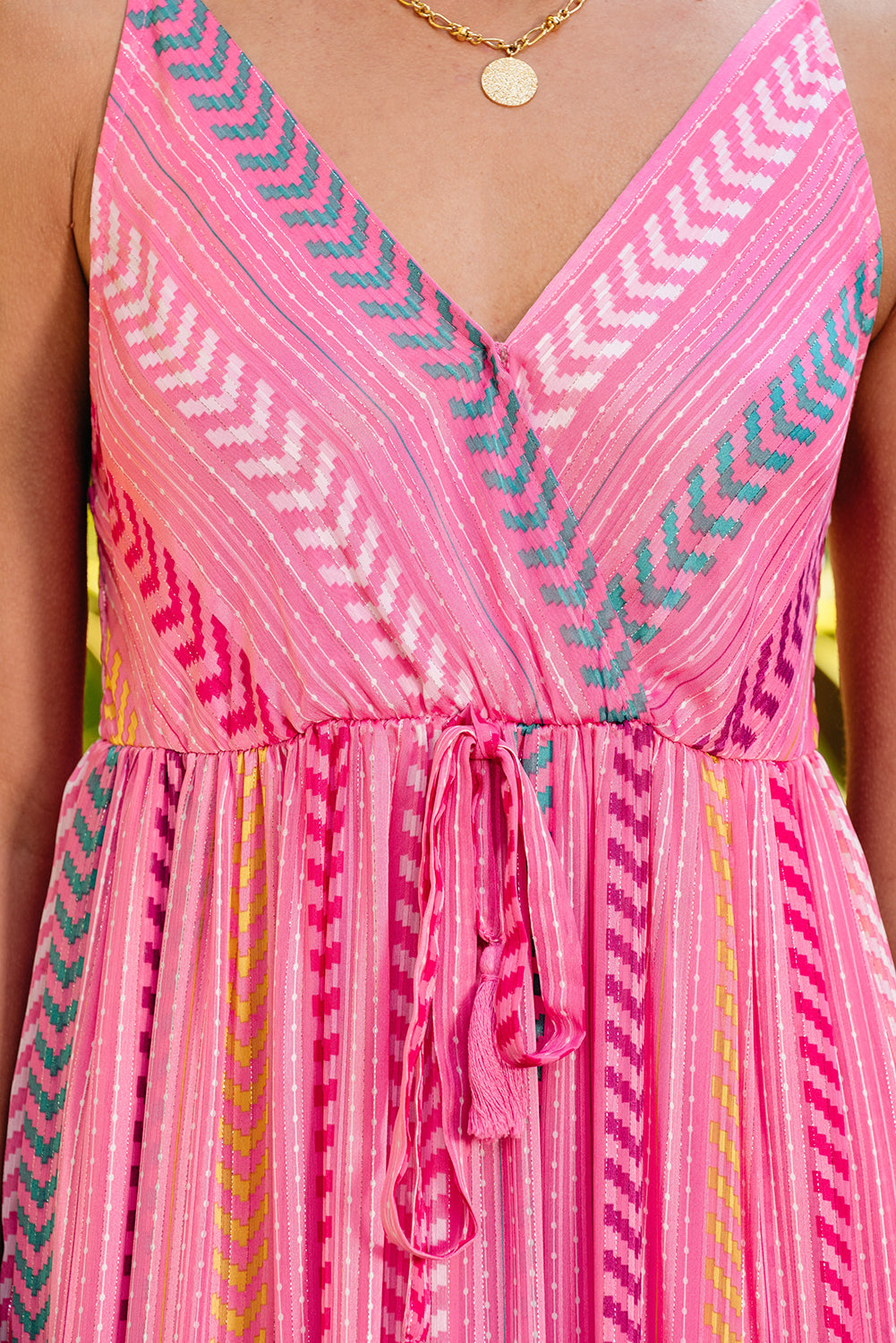 Pink V-Neck Graphic Print Maxi Wrap Dress with Tassel