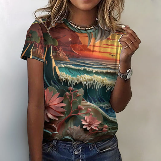 Women’s 100% Cotton T-Shirt - Stunning 3D Wave Panoramic Graphic Print