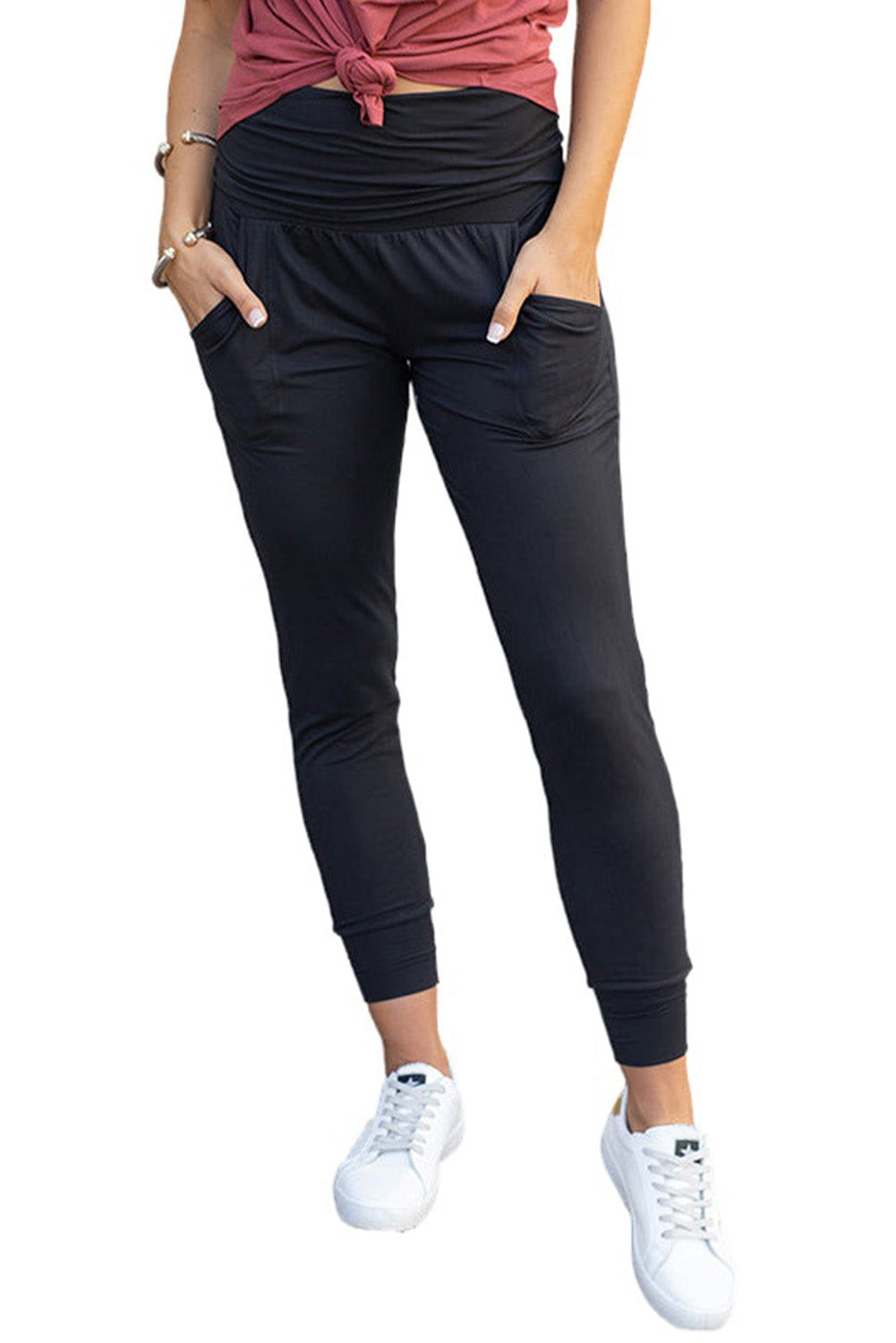 Black High Waist Pleated Leggings with Pockets - Thread Harbor Clothing Company