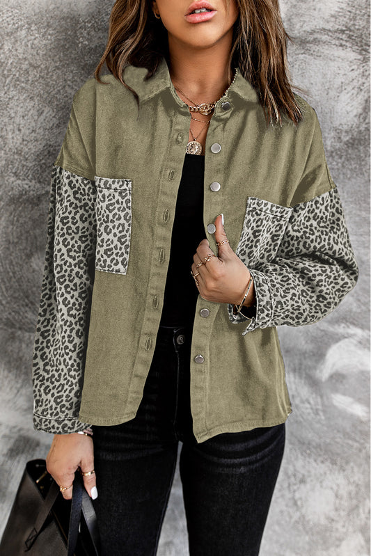 Roar into style with our Stylish Two-Tone Leopard Denim Jacket! This fierce fashion statement features a stylish two-tone design and a trendy leopard print. Stay on trend and make a statement with this unique and playful addition to your wardrobe!