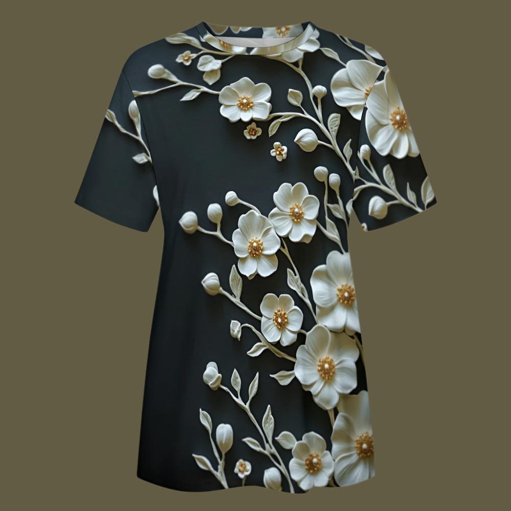 Perfect for casual outings, work-from-home days, or evening gatherings, this lightweight t-shirt combines effortless style with versatility. Its relaxed fit ensures comfort throughout the day, while the intricate floral design adds a touch of elegance to any outfit. Durable and easy to care for, it’s a staple piece for all seasons.