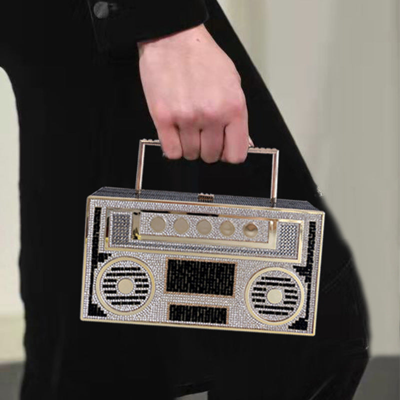 Woman's Retro Rhinestone Boombox Top Handle Purse with Chain Strap Handle