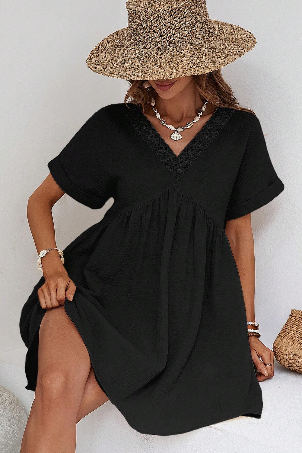 Sexy Black Short Sleeve Lace V-Neck Mini Dress