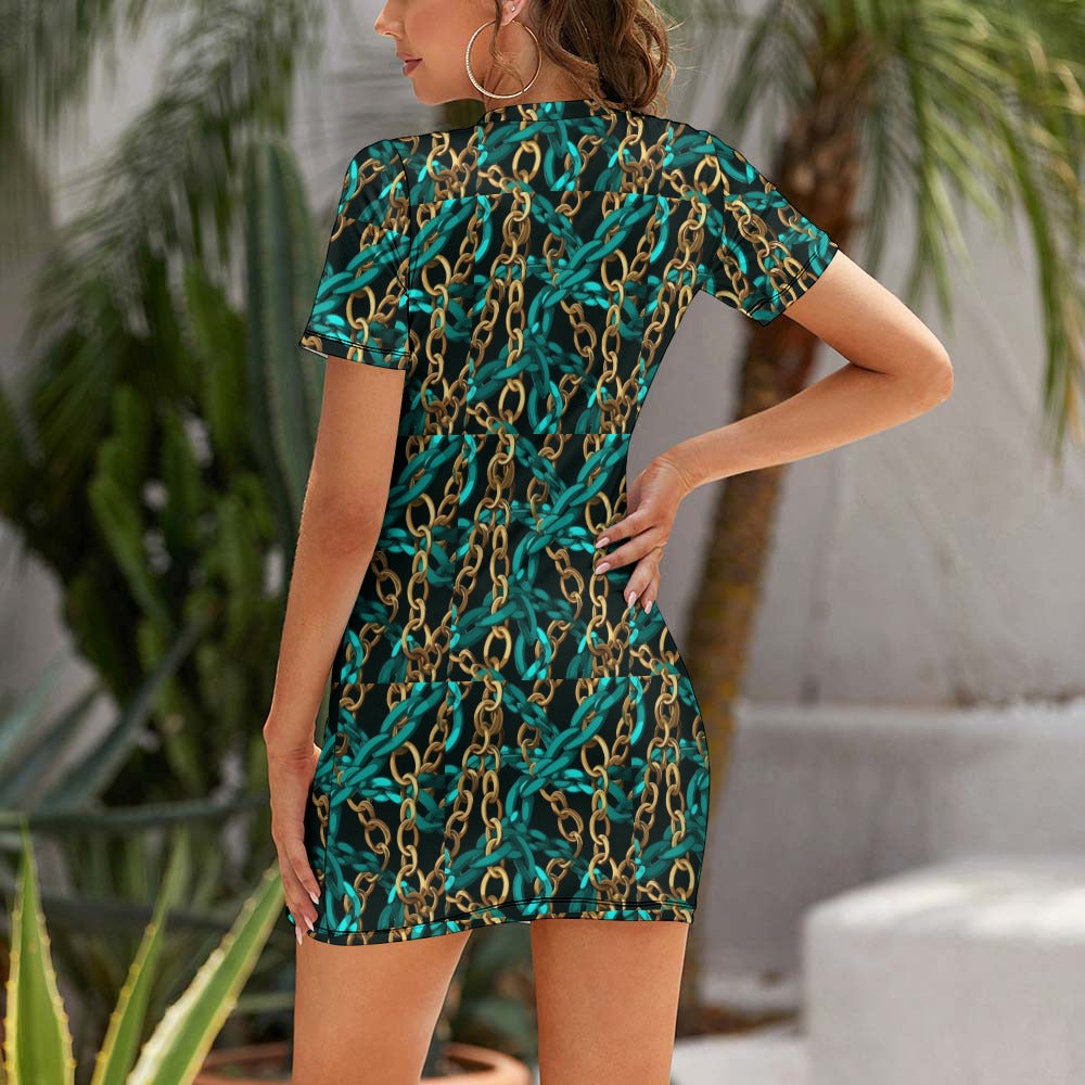 Bask in the vibrancy of the Original Print Turquoise Crew-Neck Short Sleeve Dress. Its unique print adds a pop of color to your wardrobe while the crew-neck and short sleeves provide comfort and style. Elevate your fashion game with this must-have dress and make a statement anywhere you go!