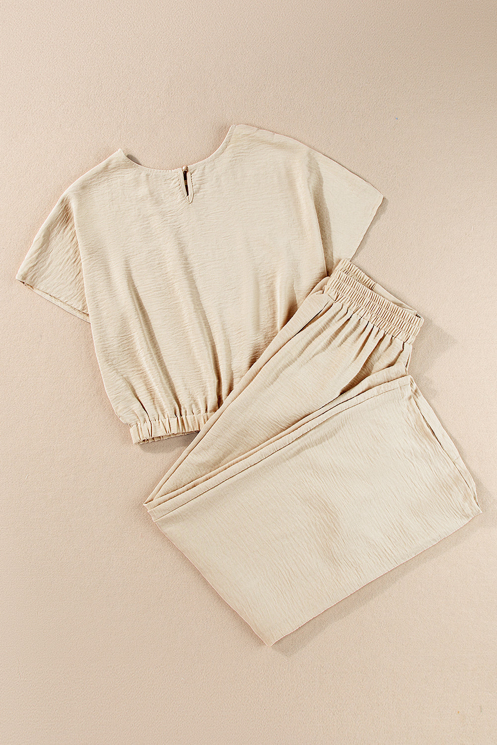 Beige Crinkled Elastic Hem Crop Tee and Wide Leg Pants Set - Thread Harbor Clothing Company