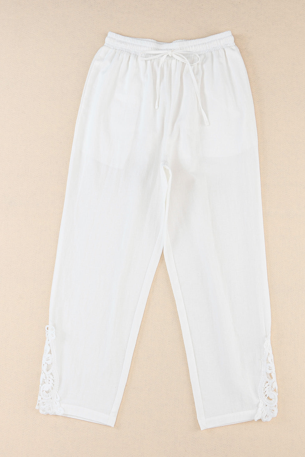 White Lace Drawstring Casual Cotton Pants