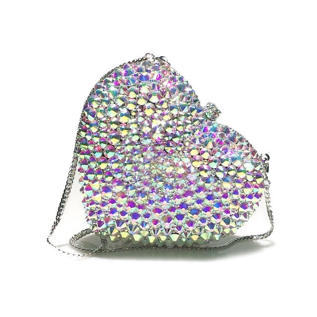 Women's Rhinestone Heart Clutch Purse with Shoulder Strap