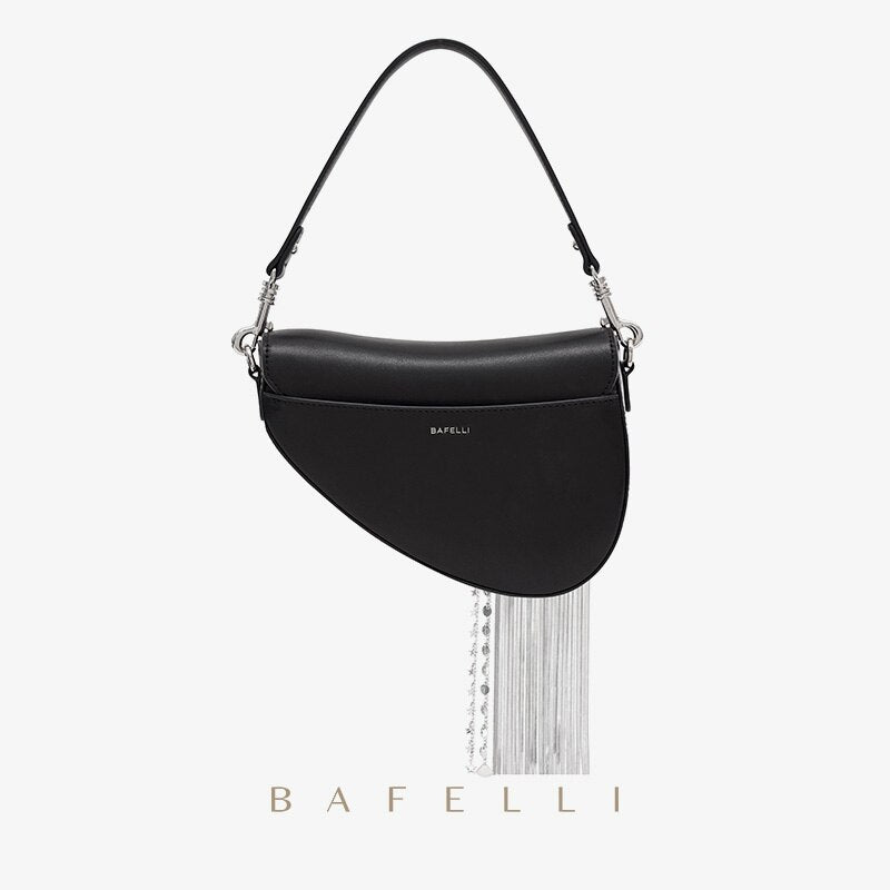 Women's Black Leather Saddle Bag Purse with Silver Tassels