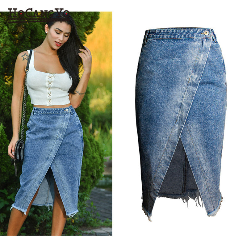 Women Midi High Waist Large Size Cotton Jeans Skirt Stonewashed Denim