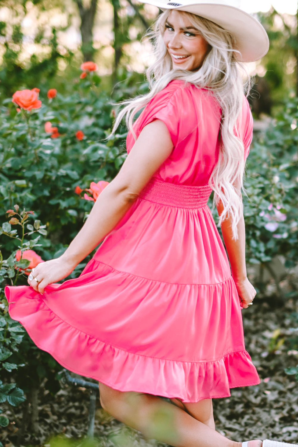 Strawberry Pink V-Neck Ruffled Midi Dress