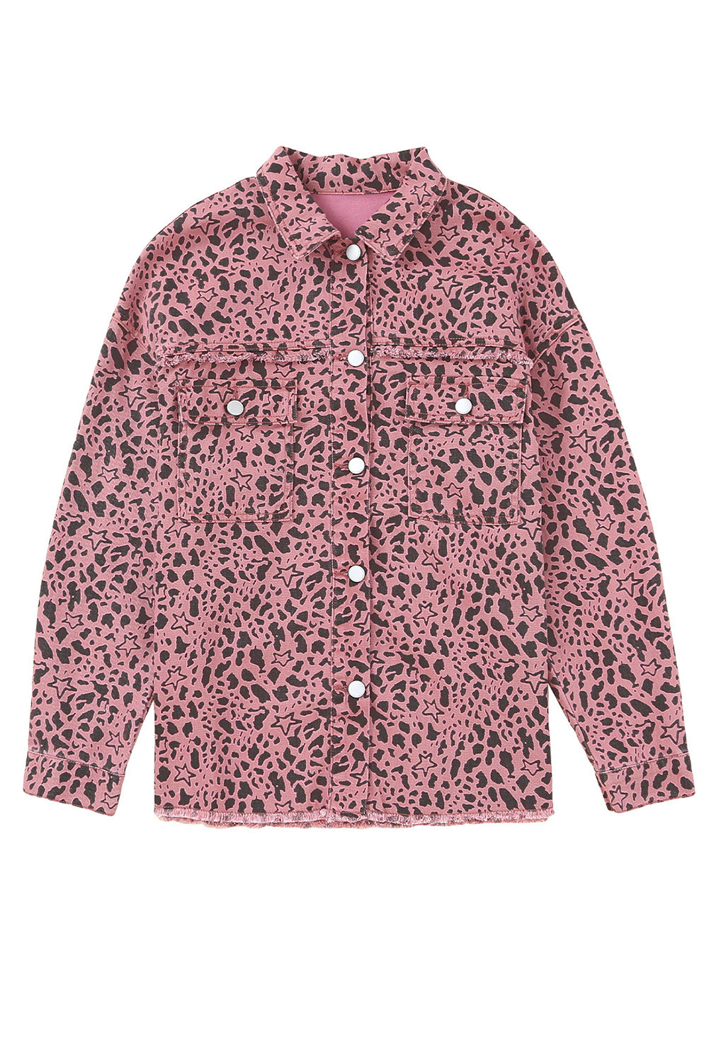 Pink Leopard Spots and Stars and Hearts Print Button Up Denim Shacket