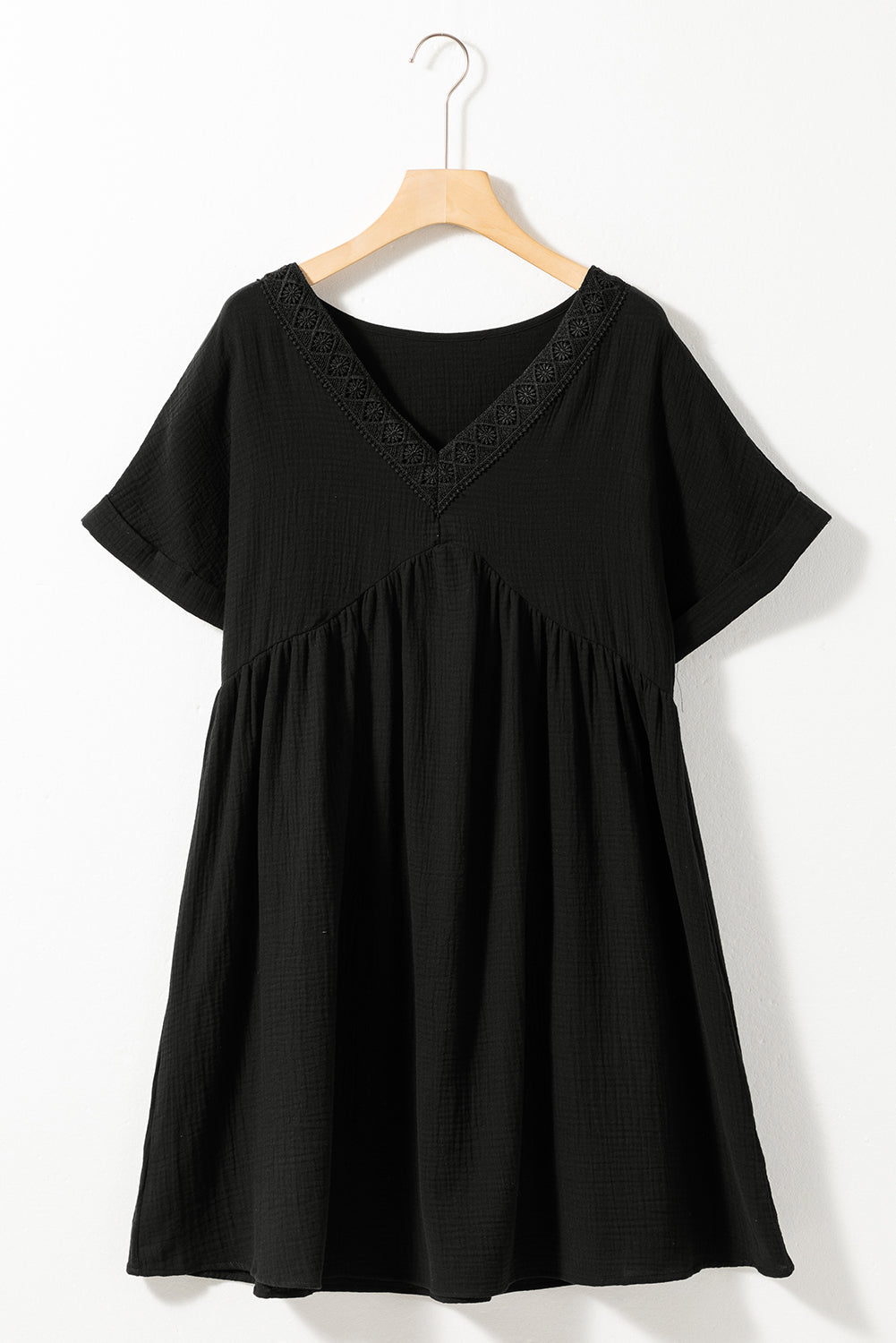 Sexy Black Short Sleeve Lace V-Neck Mini Dress