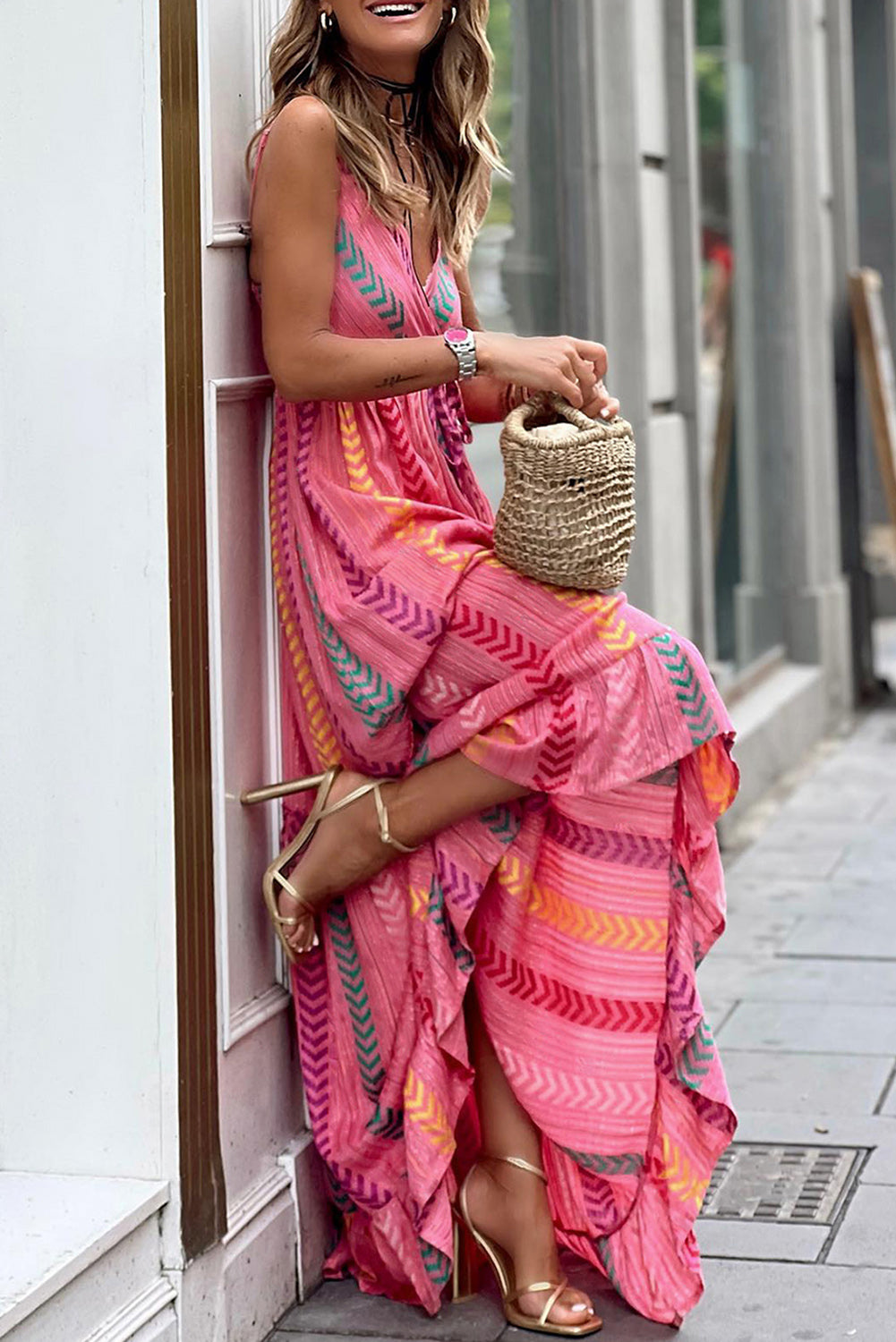 Pink V-Neck Graphic Print Maxi Wrap Dress with Tassel