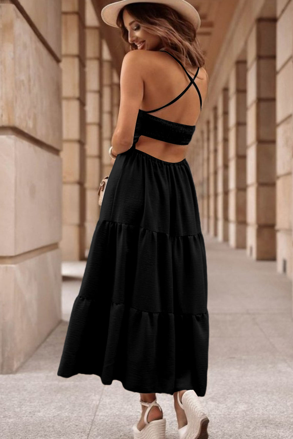 Black Crossover Backless Bodice Tiered Maxi Dress - Thread Harbor Clothing Company