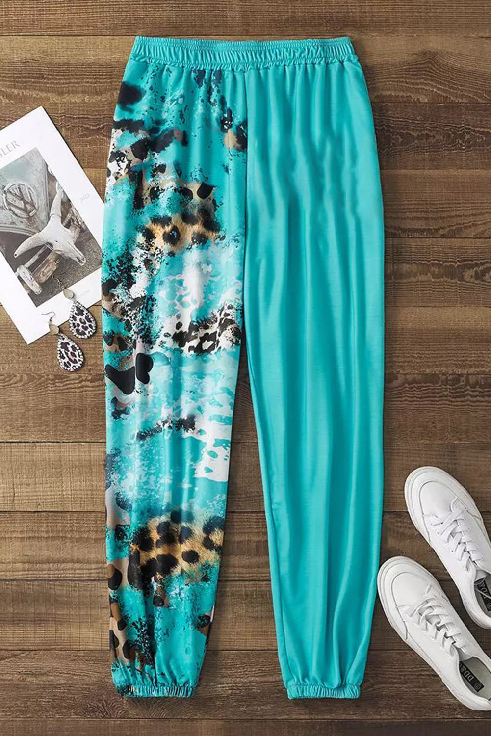 Stylish Casual Turquoise Contrast Leopard Tie-Dye Print  Sweatpants