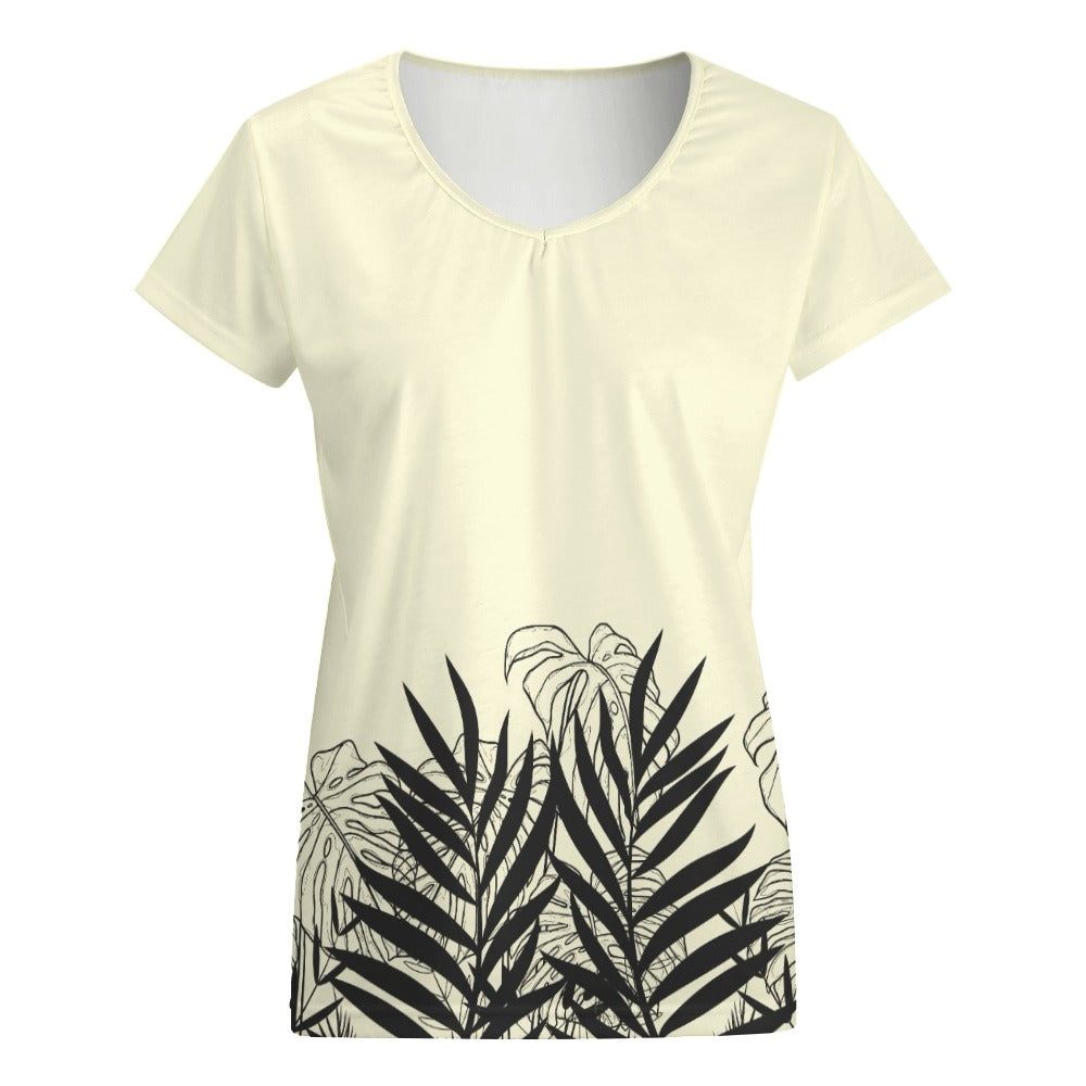 Elevate your style with our beige designer graphic V-neck short sleeve t-shirt and matching slacks. The black silhouette tropical leaf print adds a touch of tropical elegance to your look. Step into the world of effortless sophistication with this versatile and stylish outfit.