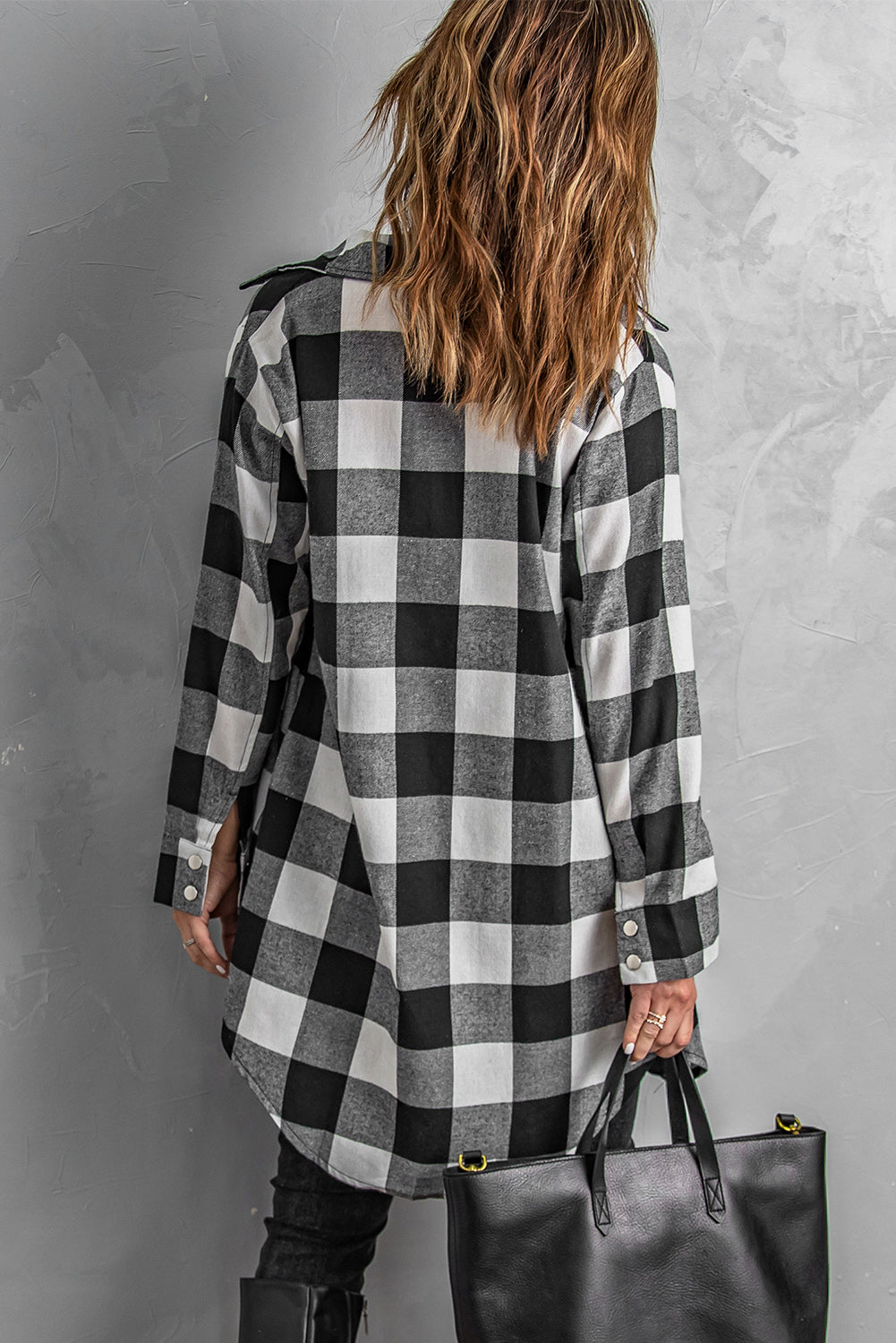 Black Turn-Down Collar Plaid Shirt Coat