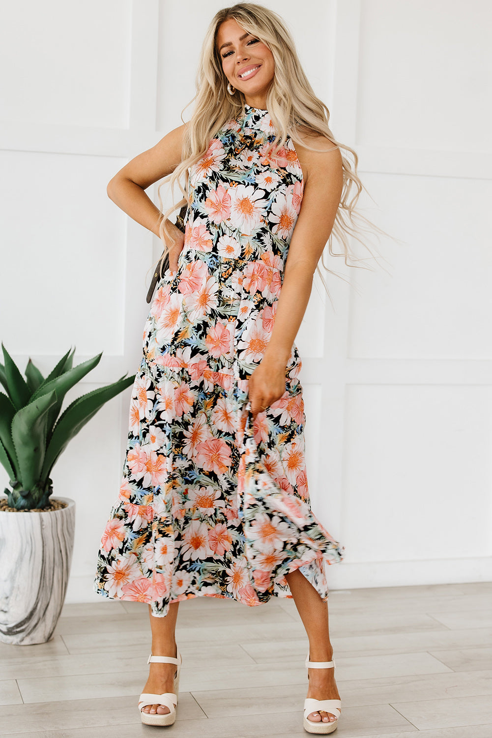 Floral Boho Print Knotted Halter Ruffled Maxi Dress - Thread Harbor Clothing Company