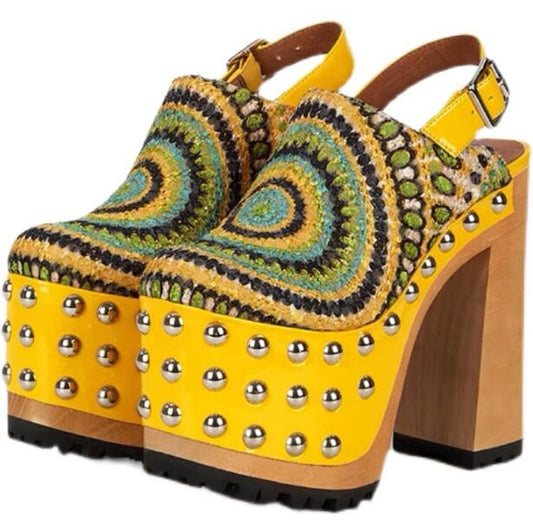 Elevate your style with these stunning Yellow Studded Boho Retro Chunky Platform Slingback Shoes. Featuring a bold yellow color, studded details, and chunky platform heels, these shoes are the perfect blend of boho and retro. Step out in confidence and make a statement with these must-have shoes!