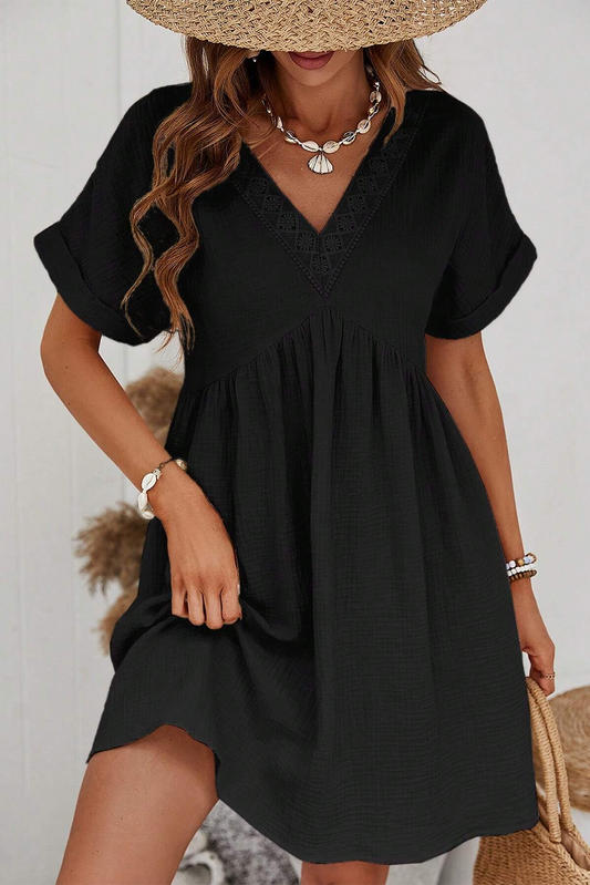 Elevate your wardrobe with our Black Short Sleeve Lace V-Neck Mini Dress! The delicate lace and flattering v-neck design exude femininity and sophistication, making you feel confident and beautiful. Perfect for any special occasion, this dress will be a timeless addition to your style.