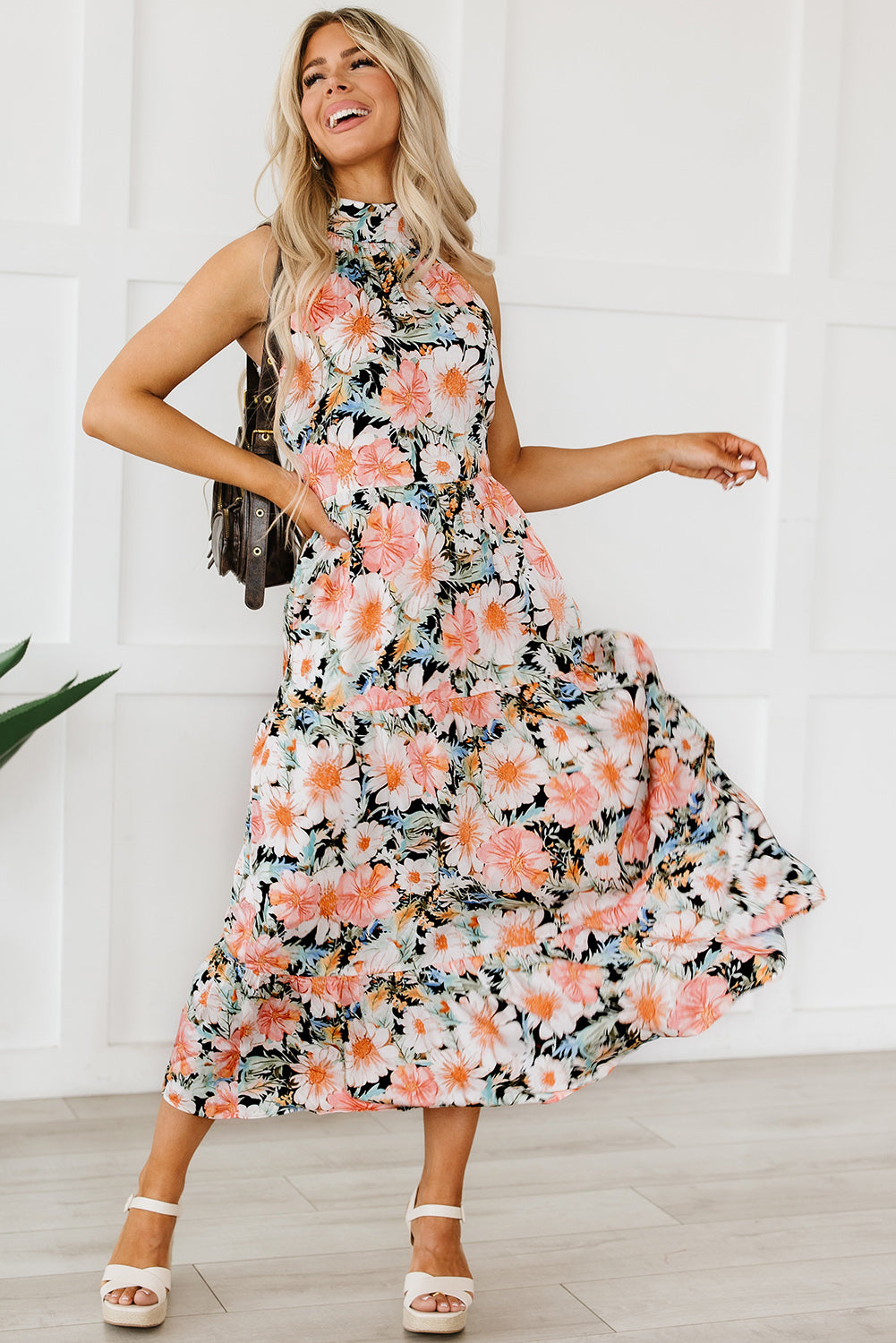 Floral Boho Print Knotted Halter Ruffled Maxi Dress - Thread Harbor Clothing Company