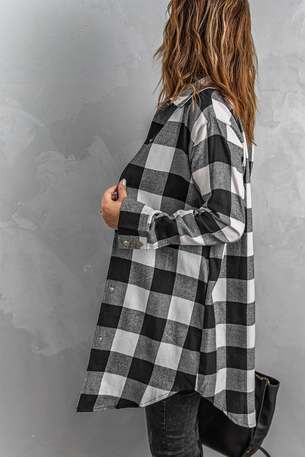 Black Turn-Down Collar Plaid Shirt Coat