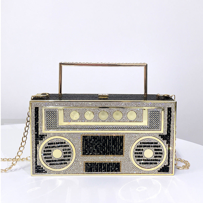 Woman's Retro Rhinestone Boombox Top Handle Purse with Chain Strap Handle