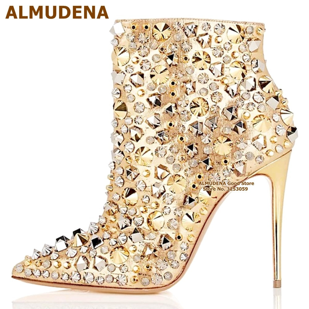 Step out in style with these stunning Rhinestone High Heel Ankle Boots! The sparkling rhinestones in gold and silver add a touch of glamour to any outfit. Elevate your look and walk with confidence in these eye-catching boots. Perfect for a night out or special occasion.