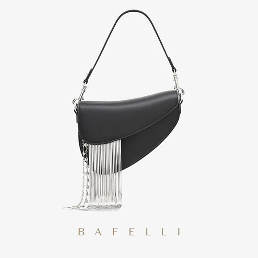 Women's Black Leather Saddle Bag Purse with Silver Tassels