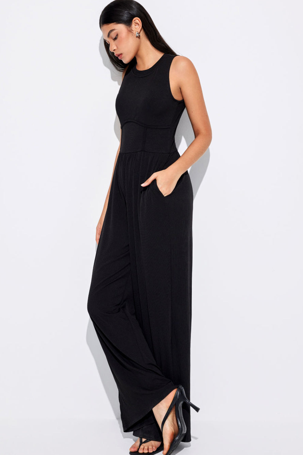 Black Cinched Waist Sleeveless Wide Leg Jumpsuit - Thread Harbor Clothing Company