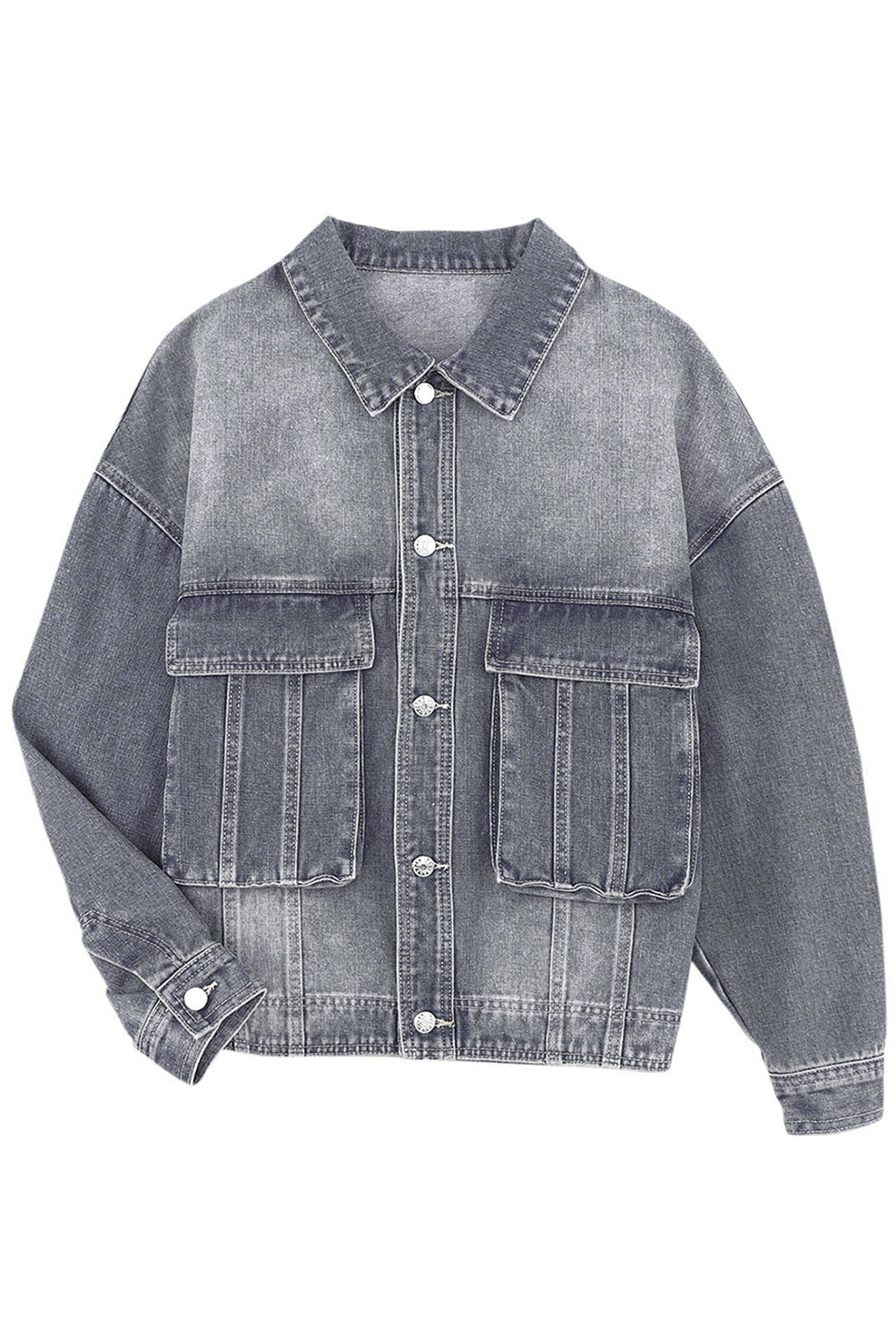 Get ready to rock any look with our Gray Chest Pockets Drop Shoulder Loose Denim Jacket. The ultimate layering piece, its versatile fit is perfect for all body types. The metal buttons add a touch of cool and durability, while the drop shoulder design gives off an effortless vibe. Plus, the chest pockets add both practicality and style.