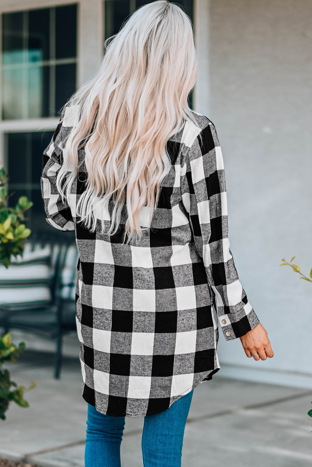 Black Turn-Down Collar Plaid Shirt Coat