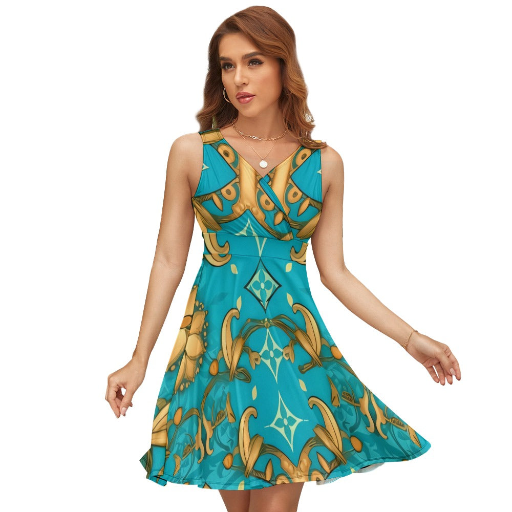 Indulge in luxurious style with our Ladies Turquoise and Gold Sleeveless V-Neck A-Line Dress. This elegant dress features a stunning Louie Vuitton style graphic print, and the flattering A-Line silhouette is sure to make you feel confident and beautiful. Perfect for any special occasion or a night out, this dress will leave you feeling fabulous and turning heads wherever you go. Elevate your wardrobe with this must-have dress today!