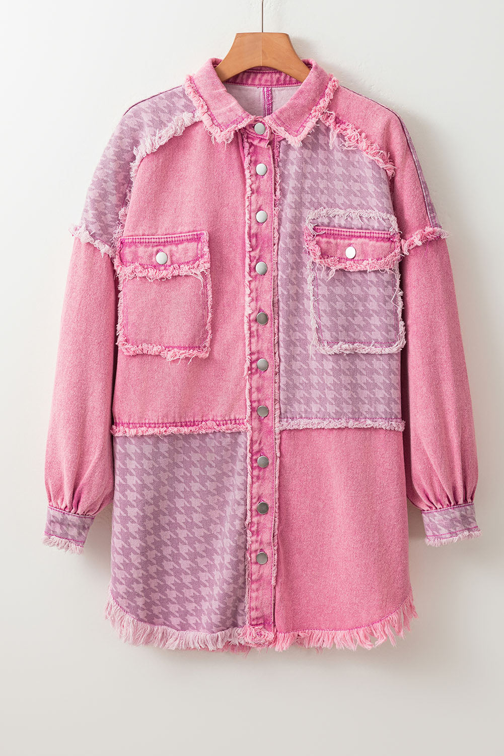 Indulge in a retro and distressed feel with our Pink Retro Distressed Houndstooth Patchwork Denim Jacket. The unique patchwork design adds a touch of personality to your style, while the houndstooth print brings a classic and timeless charm. Made from durable denim, this jacket is perfect for any season and will elevate any outfit with its eye-catching pink hue!