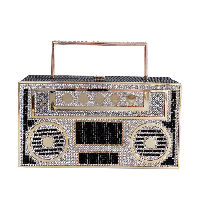 Woman's Retro Rhinestone Boombox Top Handle Purse with Chain Strap Handle