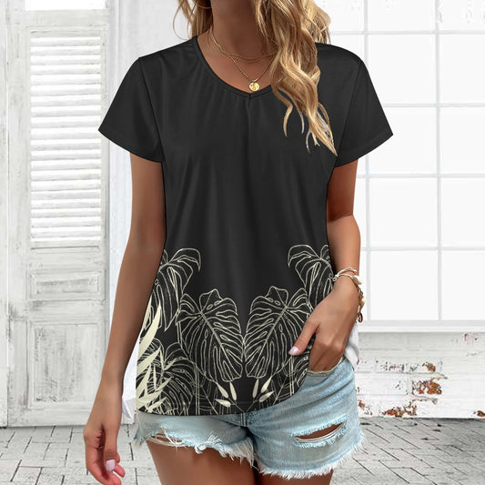 Stay effortlessly stylish and comfortable with our Black Designer Original Graphic Print V-Neck T-shirt! The tropical leaf print wrapping around just above the hemline adds a unique touch. Pair it with the matching slacks for a complete, chic look. Upgrade your wardrobe with this must-have piece!