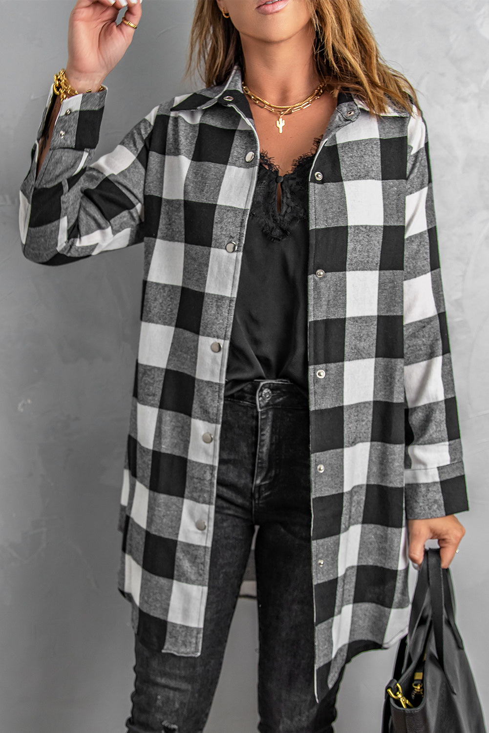 Black Turn-Down Collar Plaid Shirt Coat