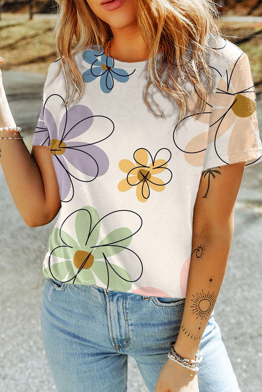 Elevate your summer wardrobe with our Beige Summer Flower Print Casual T-Shirt. This retro flower print will add a touch of vintage charm to any outfit. The lightweight fabric and comfortable crew-neck design make it perfect for everyday wear. Don't miss out on this must-have piece for the season!