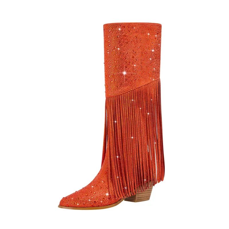 Elevate your western style with our Knee High Rhinestone Boots! Available in 3 stunning colors, these boots feature rhinestones and tassels that will add a touch of sparkle to any outfit. Perfect for all occasions, they will make you stand out and feel confident. Upgrade your wardrobe with these must-have boots.