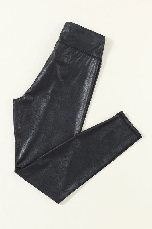 Black High Waist Sleek Genuine Leather Leggings - Thread Harbor Clothing Company