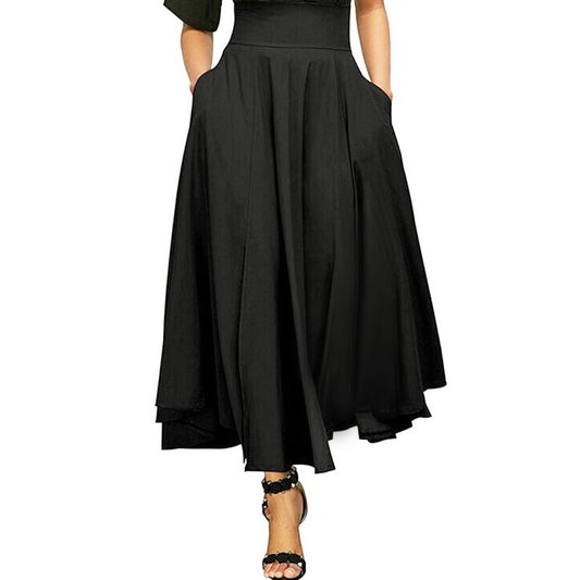 Sexy Plus Size XXL Women Gray Retro High Waist Pleated Belted Maxi Skirt Vintage Long Skirts