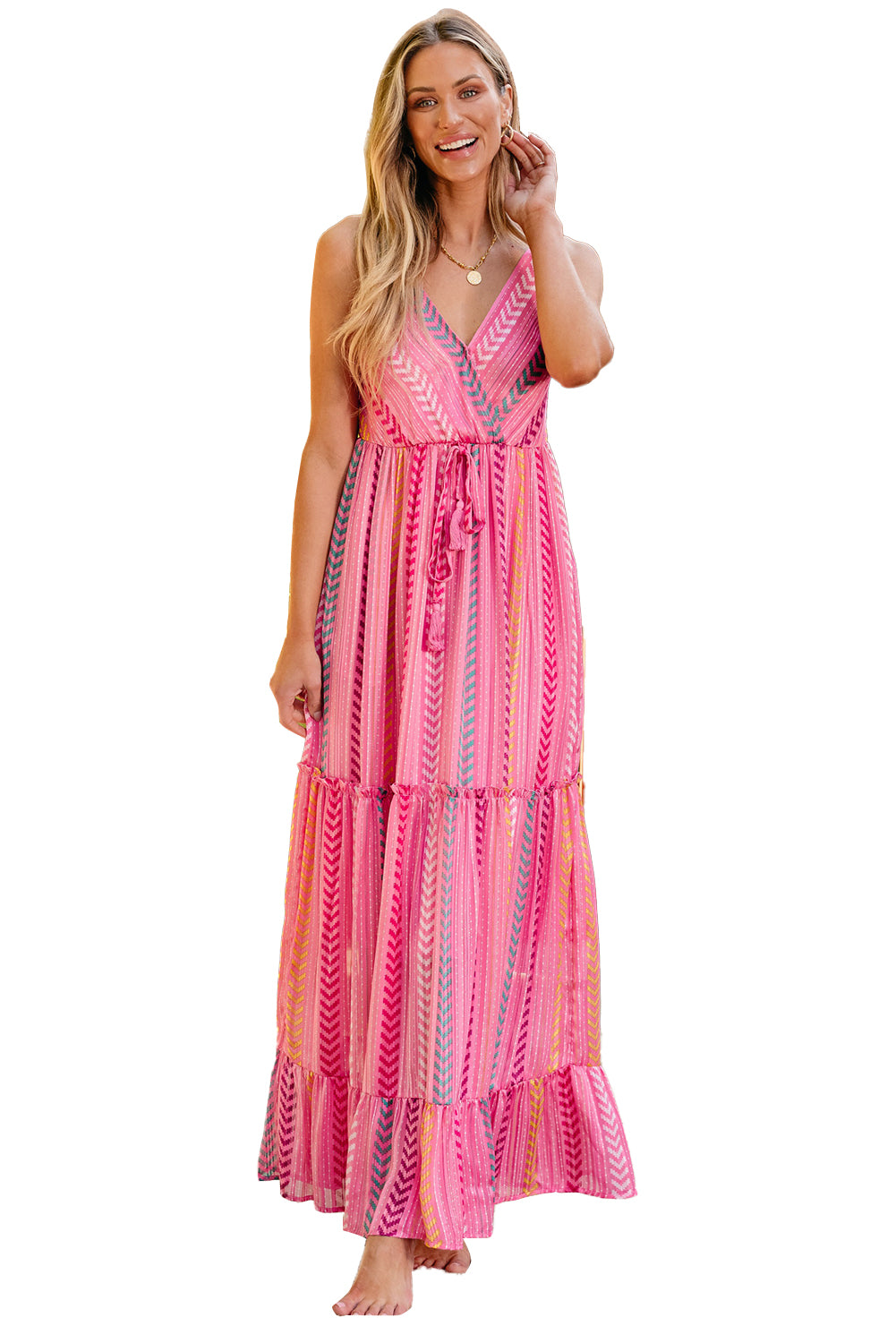 Pink V-Neck Graphic Print Maxi Wrap Dress with Tassel