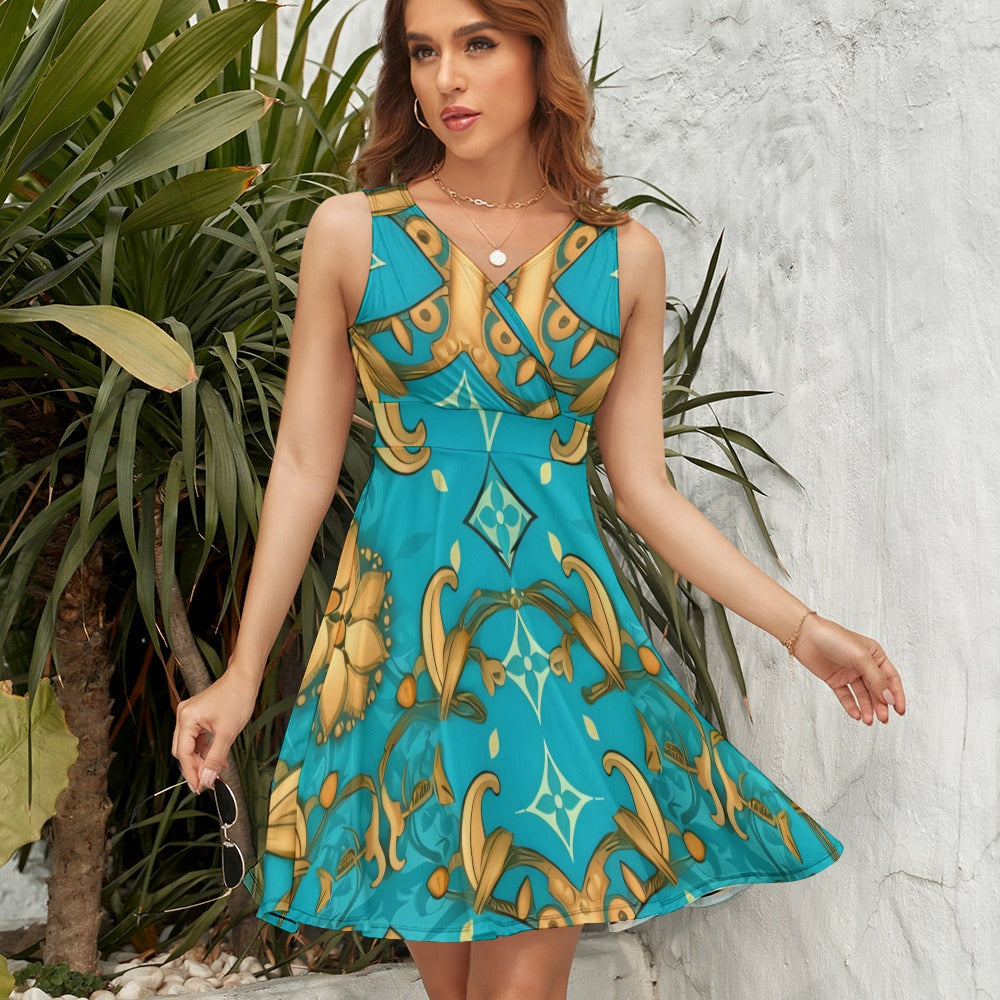 Indulge in luxurious style with our Ladies Turquoise and Gold Sleeveless V-Neck A-Line Dress. This elegant dress features a stunning Louie Vuitton style graphic print, and the flattering A-Line silhouette is sure to make you feel confident and beautiful. Perfect for any special occasion or a night out, this dress will leave you feeling fabulous and turning heads wherever you go. Elevate your wardrobe with this must-have dress today!