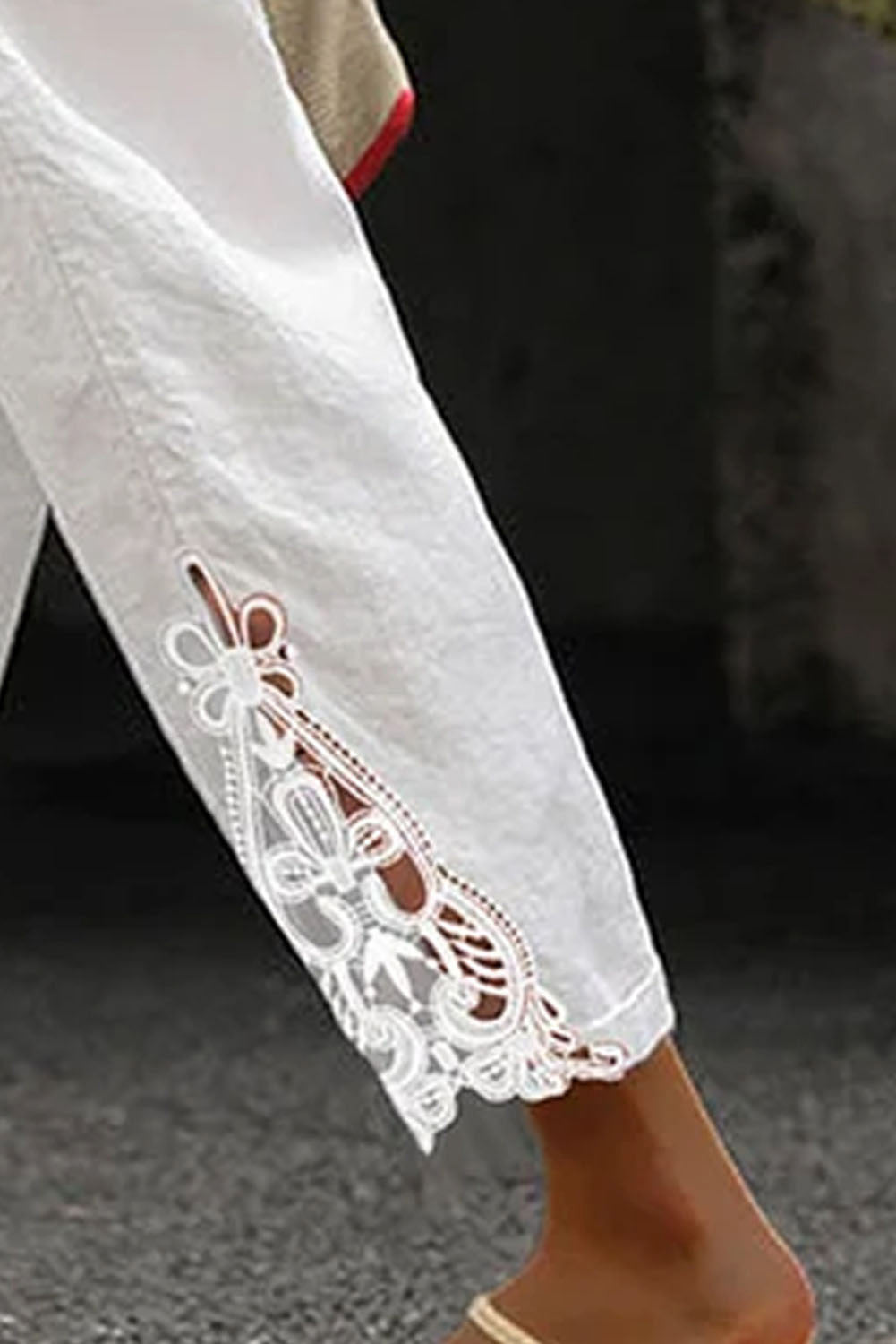 White Lace Drawstring Casual Cotton Pants